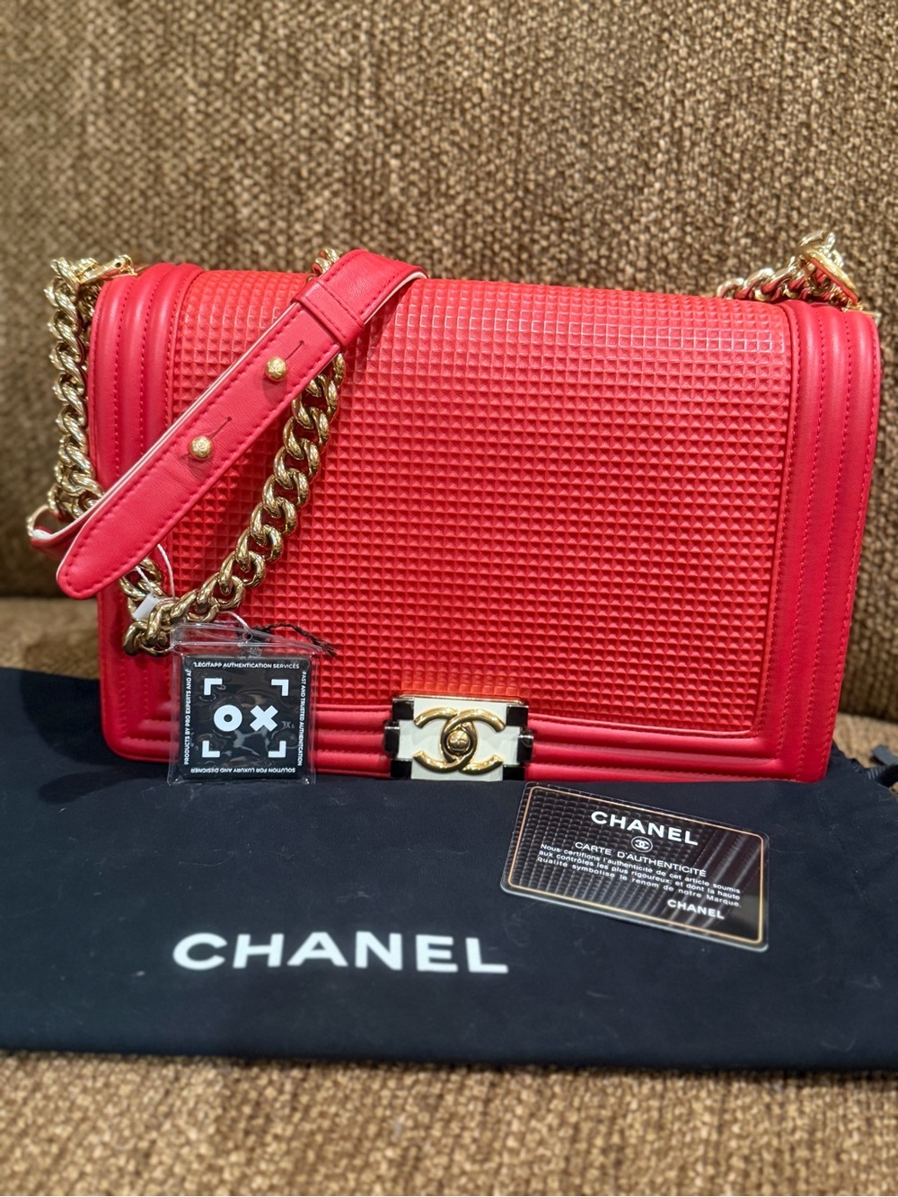 CHANEL Red Quilted Medium Boy Bag with Gold Chain Strap